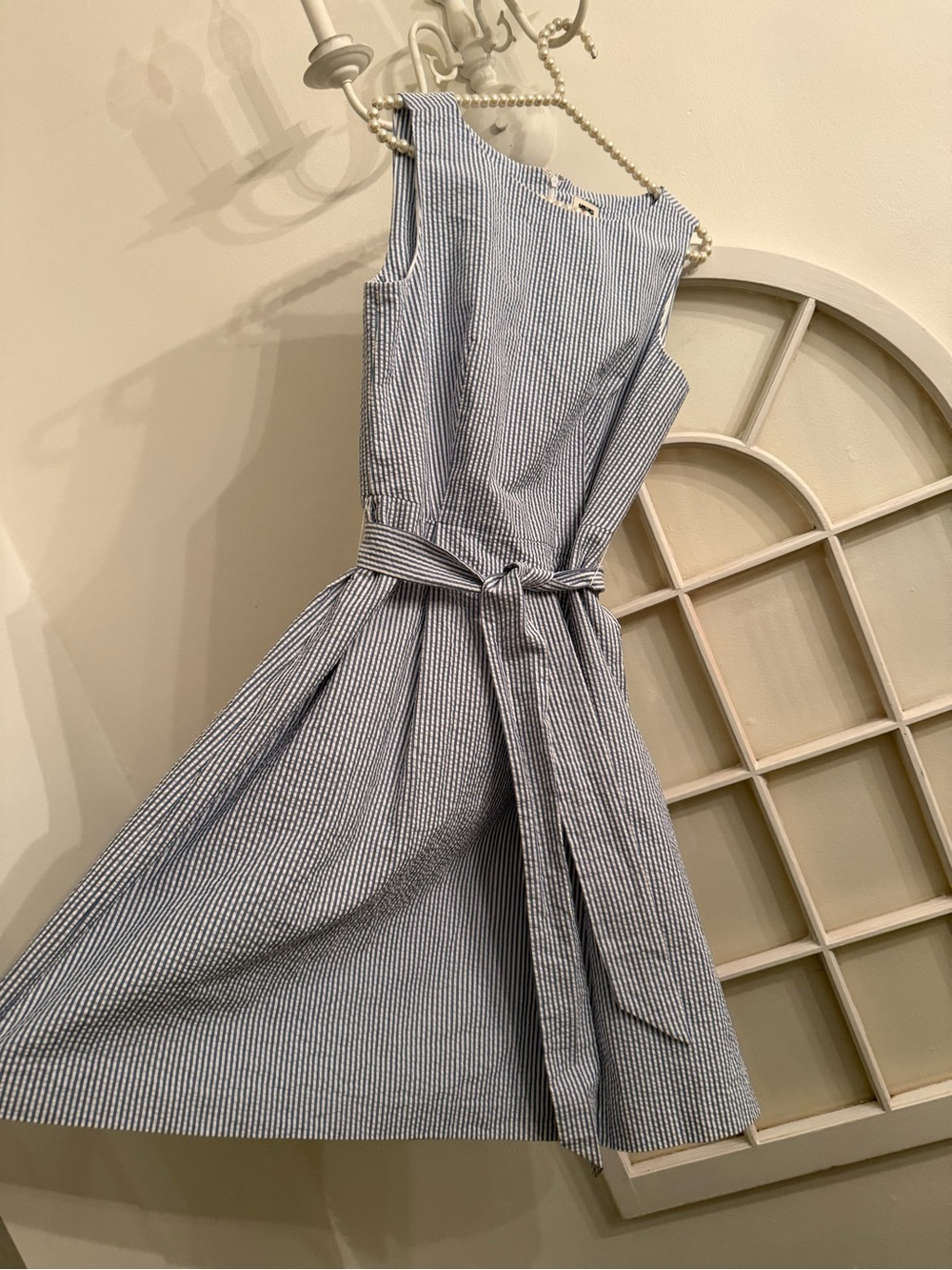 Old Money  Preppy Blue White Seersucker Striped Sleeveless Fit & Flare Dress Sz